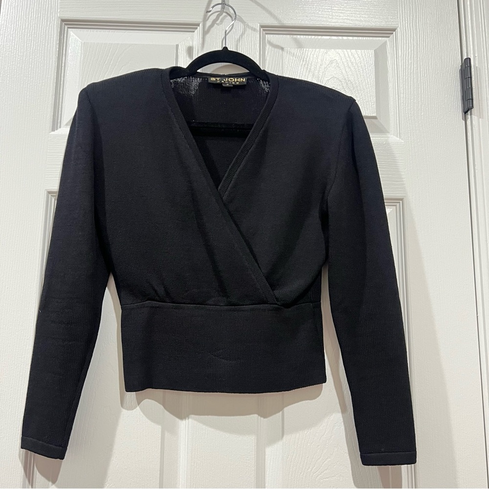 St. John Black V-Neck faux wrap knit Sweater size P with shoulder pads